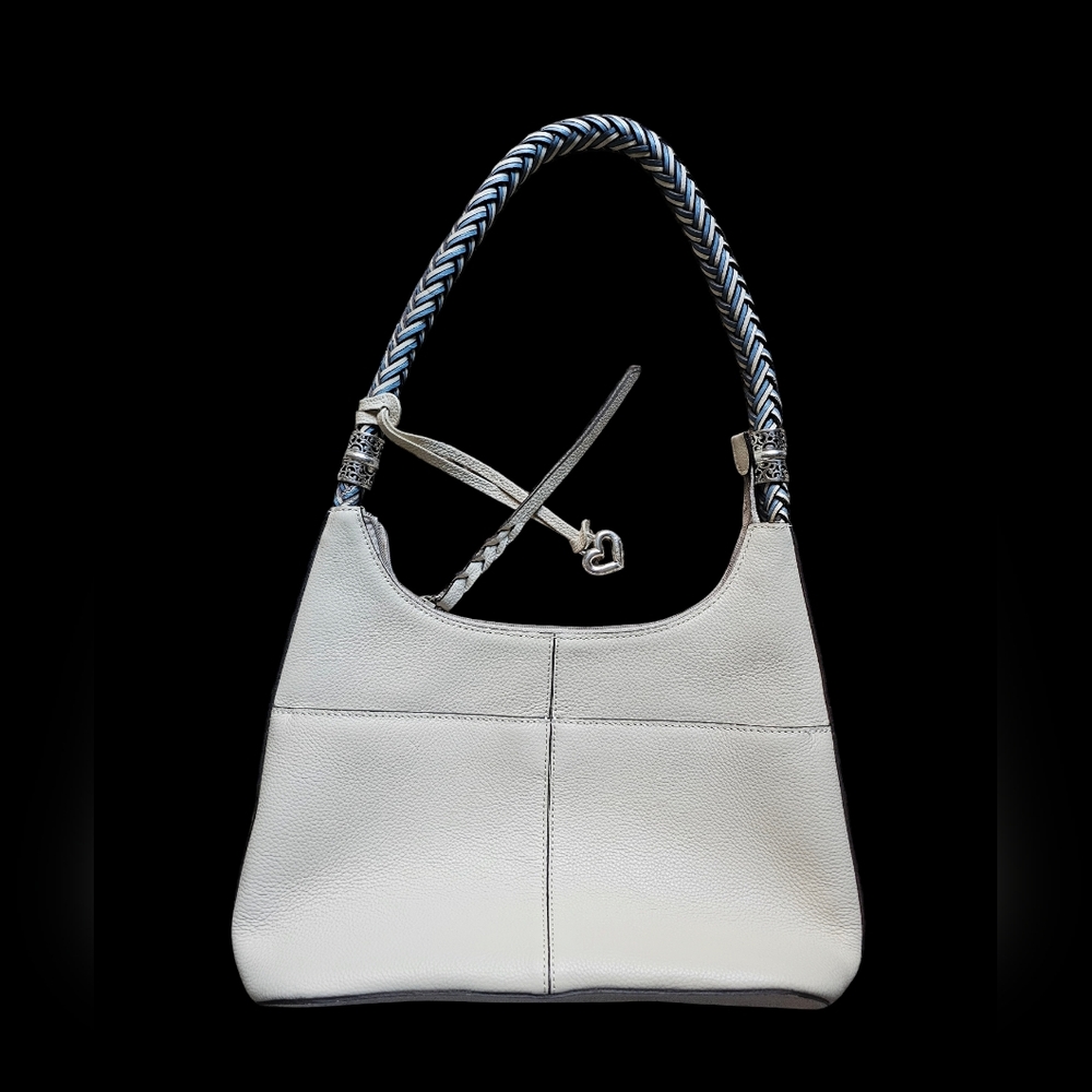 BRIGHTON‎ Bellair Y2K Ivory Beige Blue Leather Braided Handle Hobo bag